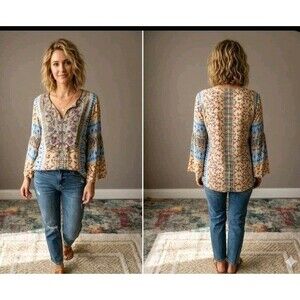 Soft Surroundings Blouse Size L Floral Embroidered Tunic Blouse Flare Sleeve